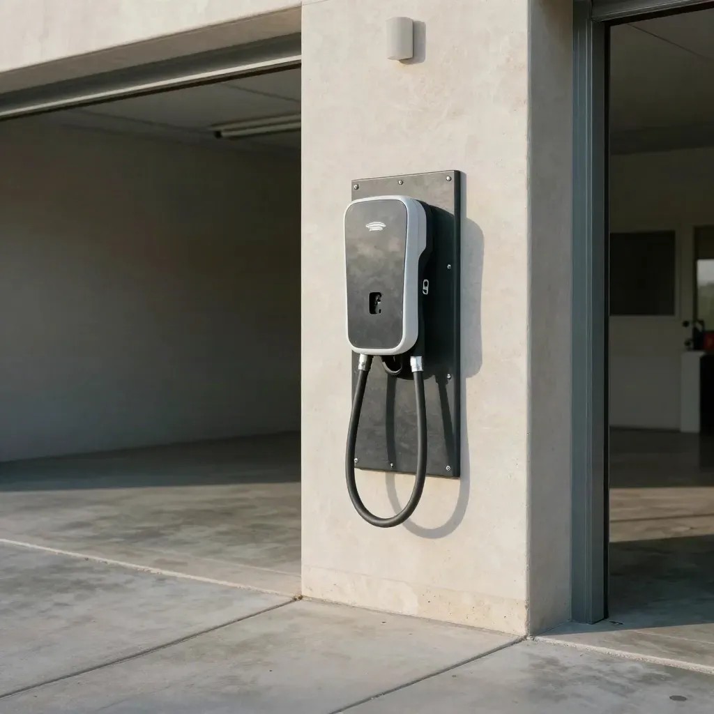 EV charger install corner with sealed panel, conduit sweeps, and inspection-ready garage detail