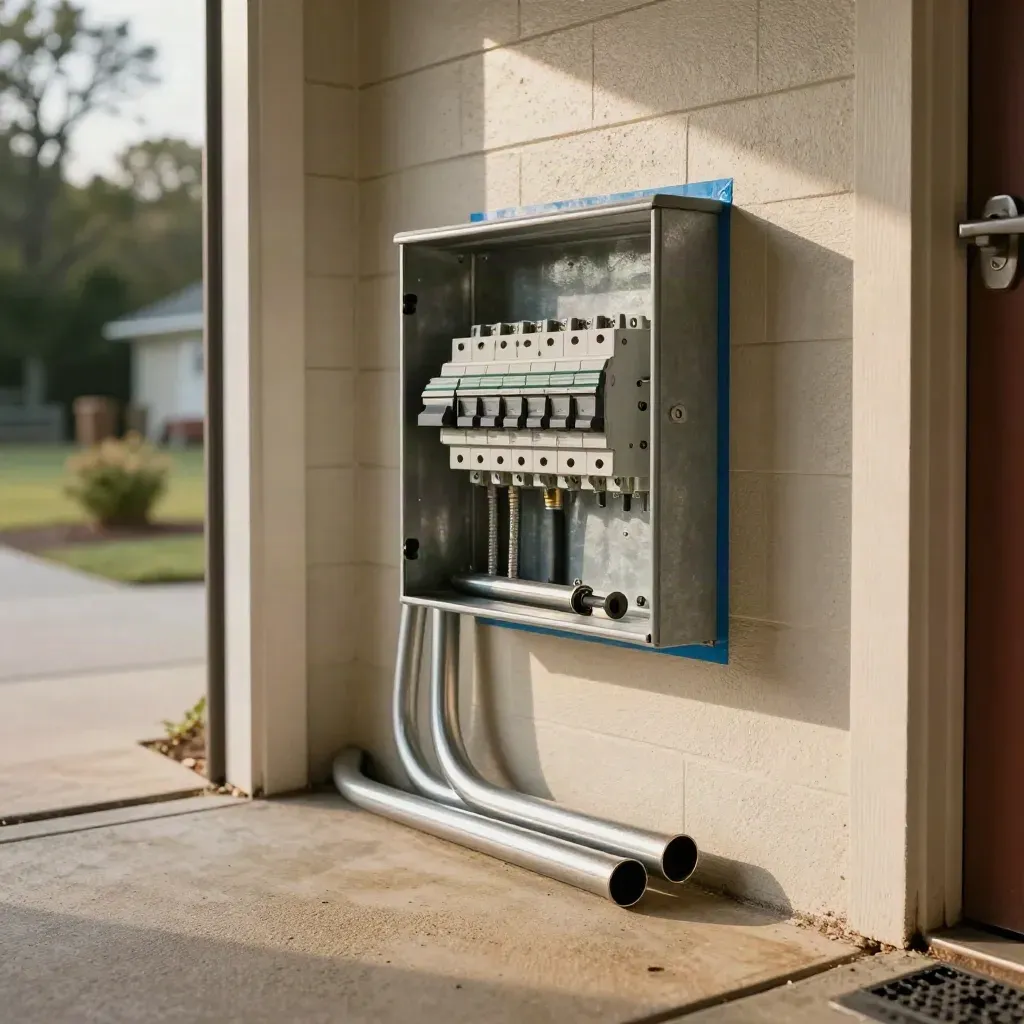 Garage wall with open panel, marked EV charger mount zone, and conduit bends in warm late light.