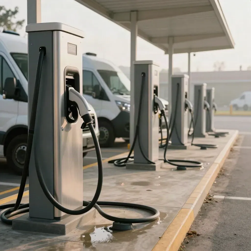 Delivery vans beside a row of depot EV chargers under a shallow canopy at dawn