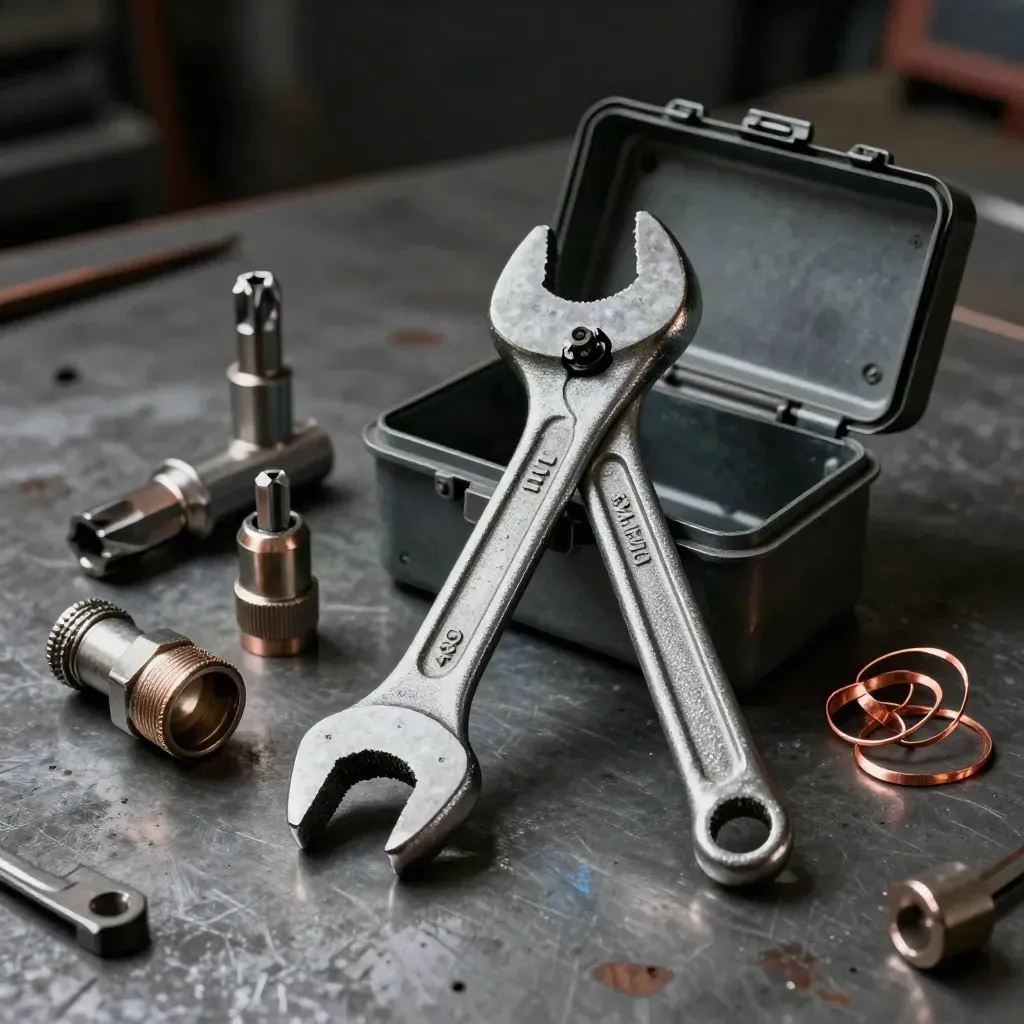 EV install tools on a steel worktop: torque wrench, conduit reamer, bit set, junction box.
