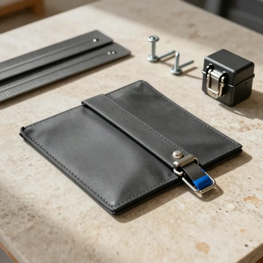 Overhead flatlay of a permit pouch with EV install hardware on limestone.
