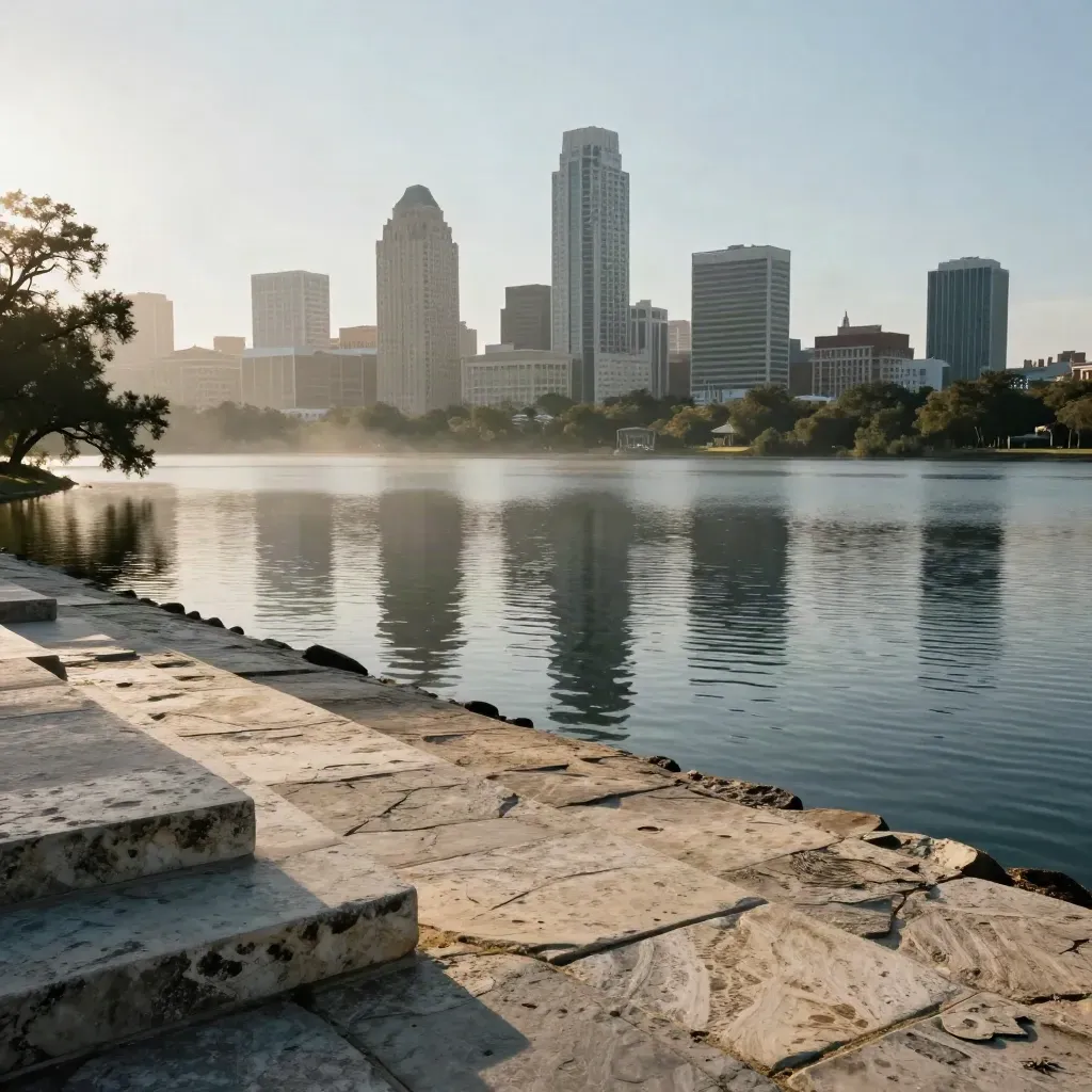 Austin skyline over Lady Bird Lake with calm limestone shoreline and warm haze